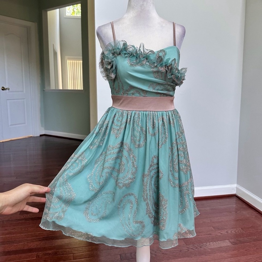 B Wear Teal Green Silver Glitter Sparkly 3D Ruffle Mini Cocktail Dress XS